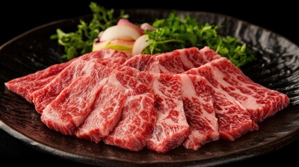 Fresh Lean Beef Cuts on Plate with Garnish