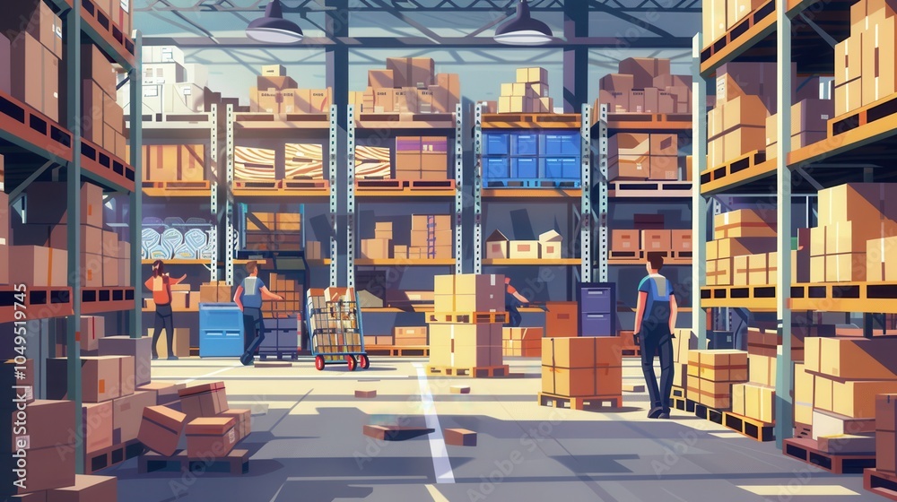 Poster workers are actively moving boxes and pallets in a busy warehouse filled with organized shelves stac