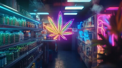 Vibrant neon cannabis leaf illuminates a dimly lit dispensary aisle, shelves stocked with products, creating a futuristic and psychedelic atmosphere.