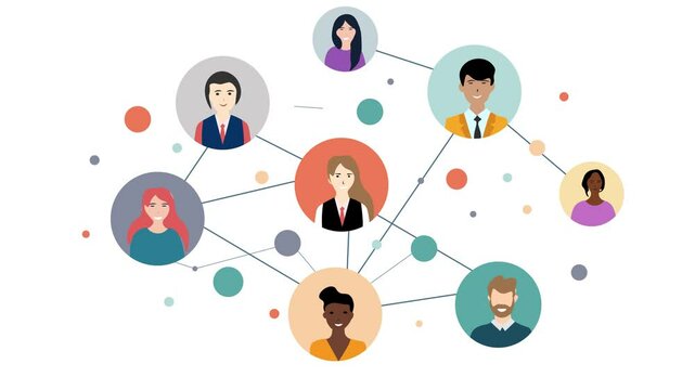 Business Networking Concept Animation. Several interconnected circles with Businessperson Figures Connected and Lines. Social Network diagram and people relationships .