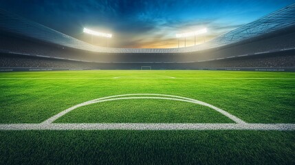 Illuminated soccer stadium at dusk, vibrant green pitch with white markings in foreground. Floodlights pierce through dramatic sky, empty stands await spectators for upcoming match.