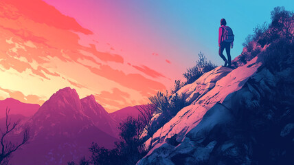 Fototapeta premium Celebrating National Hiking Day with a vibrant sunset hike in the mountains