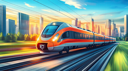 Fototapeta premium In the evening, the high-speed train running rapidly in the city
