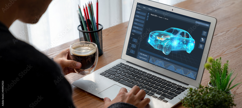 Poster electric car design software on computer screen showing simulation blueprint snugly by digital calcu