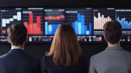 Professionals analyzing data on digital screens in a modern office environment.