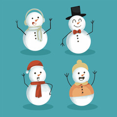 Set of christmas Cheerful snowmen in different costumes and scarf and hat