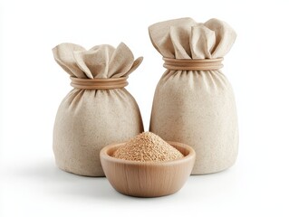 Two fabric bags and a wooden bowl filled with grains on a white isolated background.