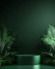 Obraz premium A minimalist podium with green plants on the sides, set against a dark background.