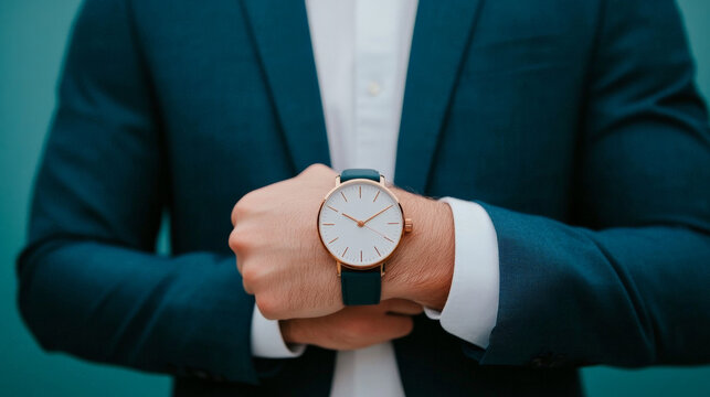 Time is of the Essence: A close-up shot of a man in a teal suit checking a minimalist wristwatch, emphasizing punctuality and precision.