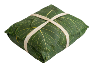 Wrapped package of leaves tied with string on a white isolated background.