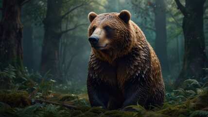 Obraz premium a brown bear adorned with a vibrant collar of colorful feathers. The bear's fur is beautifully detailed, with a rich, earthy tone that contrasts with the vivid hues of the feathers.