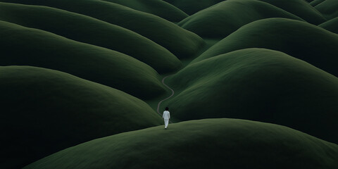 Obraz premium Businessman walking on winding path through rolling green hills