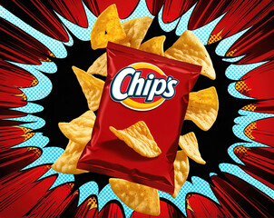 Fototapeta premium Colorful snack explosion with chips bag on vibrant comic-style background during a casual snack time