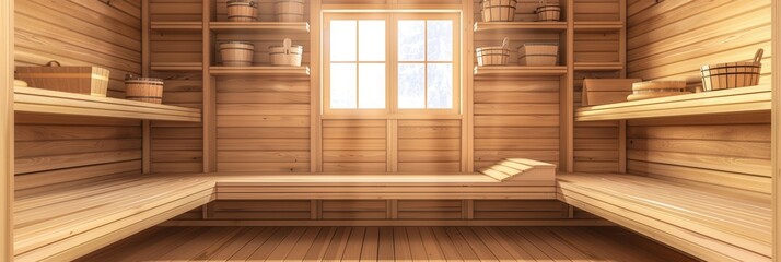 Step into a cozy wooden sauna featuring simple benches and baskets, with sunlight illuminating the warm, inviting interior. Generative AI