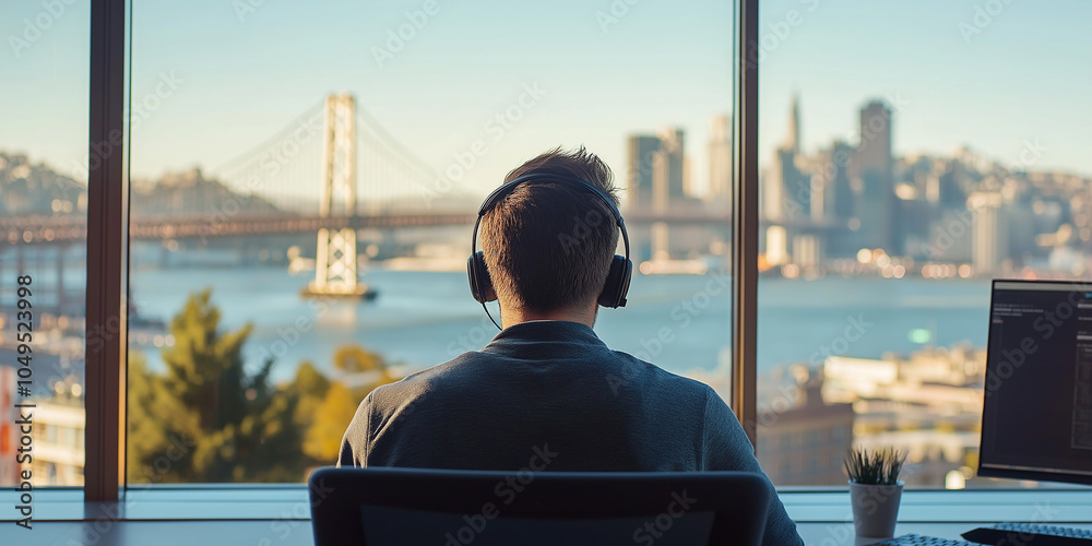 Poster Programmer working remotely from san francisco office with bay bridge view