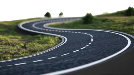 A car driving on an empty asphalt road surrounded by trees and grass under a clear sky
