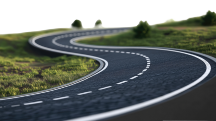 A car driving on an empty asphalt road surrounded by trees and grass under a clear sky