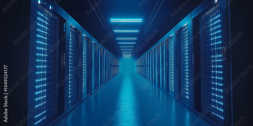 Poster server room corridor with data processing equipment flashing lights