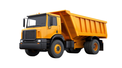 A yellow dump truck isolated on a white background, showcasing its heavy-duty design for construction and transportation