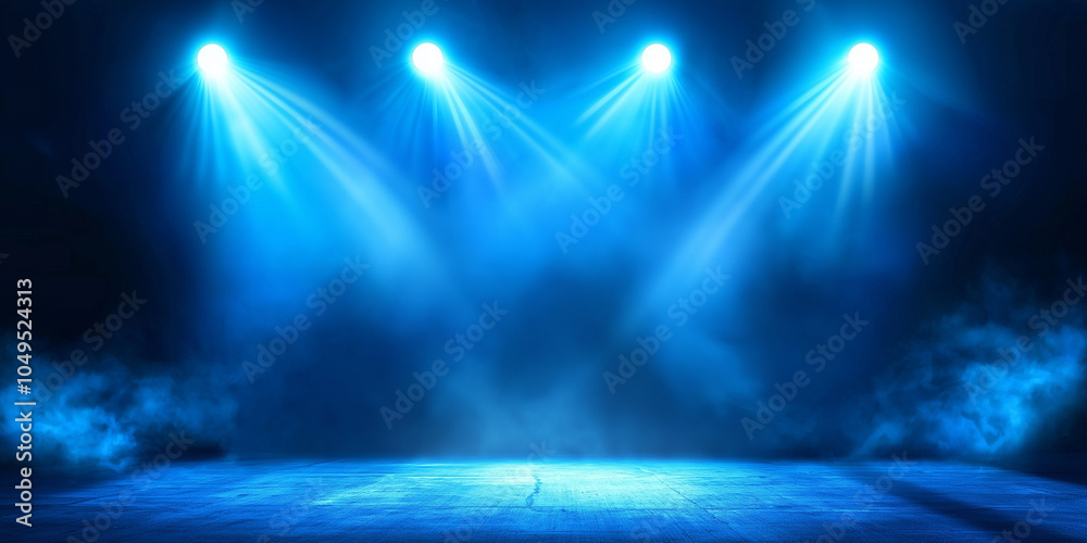Poster three spotlights illuminating empty stage with smoke and blue background