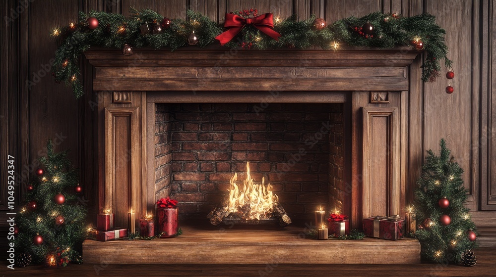 Poster A fireplace with a red bow on it and a Christmas tree in the background