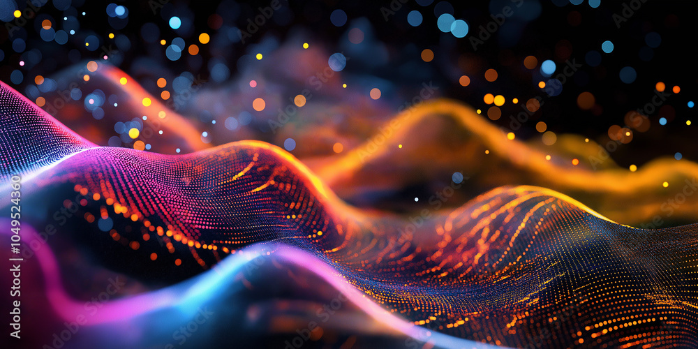 Poster Abstract colorful particle background forming wavy surface with bokeh
