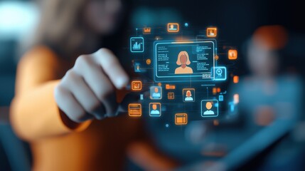 Person interacting with digital interface and holographic data display.