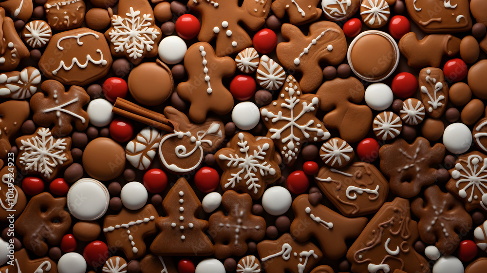 Wall mural Abstract background with Christmas gingerbread pieces and cookies on brown background. Horizontal composition.