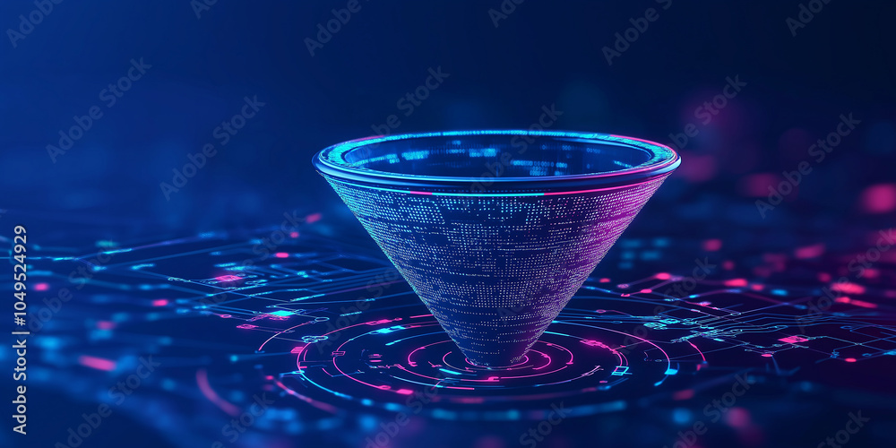 Poster Big data funnel processing information on futuristic circuit board