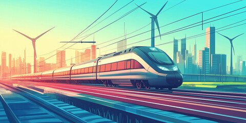 Fototapeta premium Modern high-speed train approaching city skyline with wind turbines at sunset