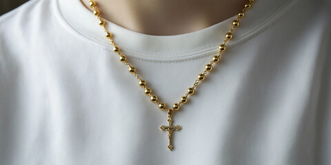 Golden christian cross necklace hanging on person wearing white t-shirt