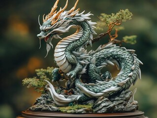 Fototapeta premium Intricate dragon sculpture surrounded by greenery.