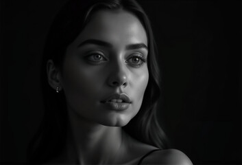 Elegant Black and White Portrait of Young Woman with Captivating Gaze and Gentle Expression