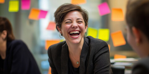 Manager laughing during brainstorming session with sticky notes