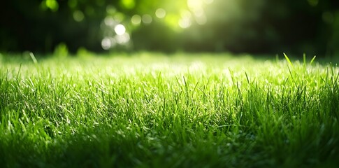 Naklejka premium Lush green grass illuminated by sunlight, creating a serene outdoor atmosphere.