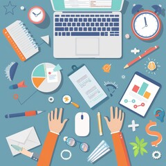 Fototapeta premium Business Workplace Flat Design Illustration with Laptop Charts and Hands