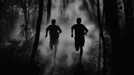 Two men running through dark forest in black and white
