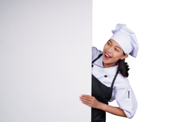 Asian woman chef in uniform  peeking isolated transparent