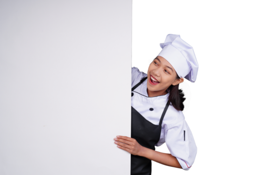 Asian woman chef in uniform  peeking isolated transparent