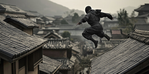 Ninja jumping between rooftops in ancient japanese village
