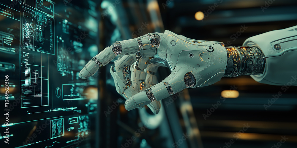 Poster Robot hand interacting with futuristic interface in digital environment