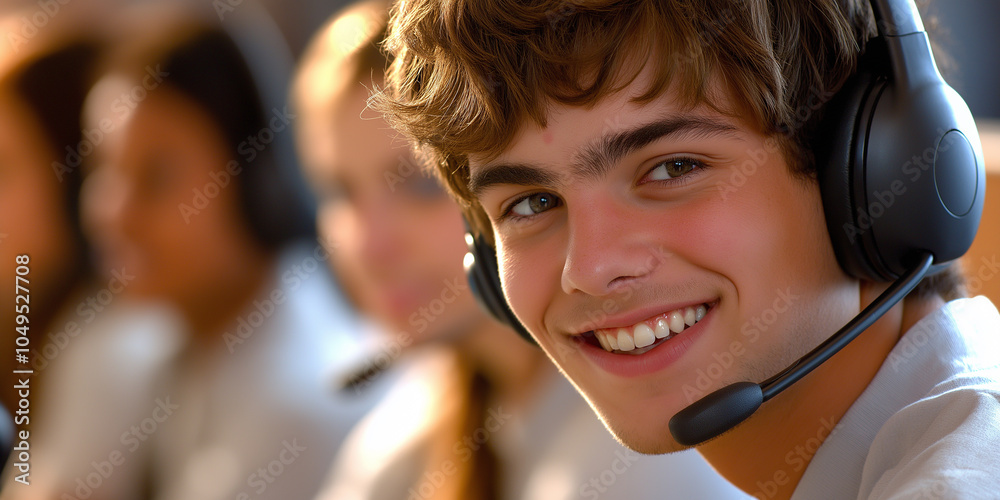 Poster Smiling male call center agent wearing headset with coworkers in background