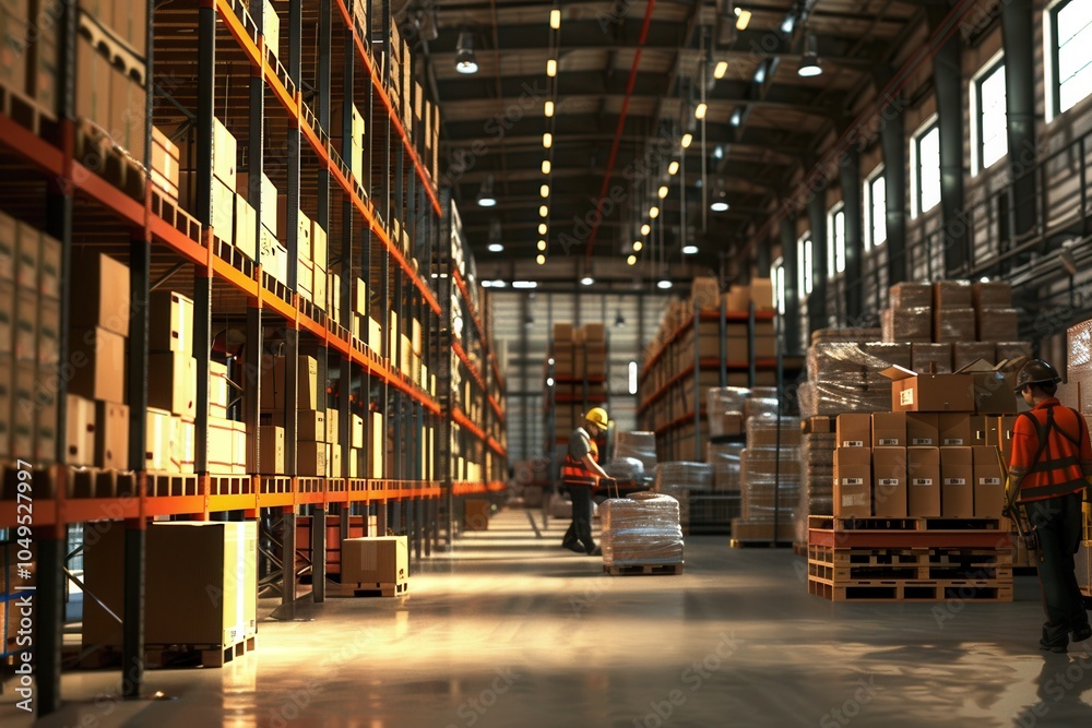 Aufkleber in a bustling warehouse, workers are actively transporting boxes and pallets among neatly arranged s