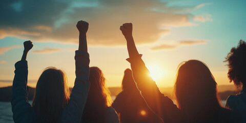 Group of friends raising fists at sunset, celebrating their success