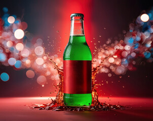 A vibrant and artistic representation of a fizzy beverage bottle on a dynamic, colorful background