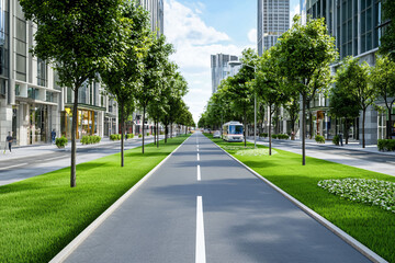 modern city street featuring eco friendly vehicle lanes and lush greenery