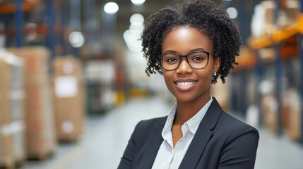 Fototapeta premium Confident Businesswoman Smiling in a Warehouse Environment