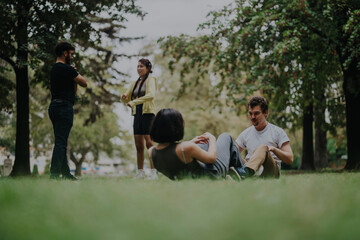 Fototapeta premium A group of students engage in fitness exercises and discussions with their professor in a tranquil park setting. The image captures teamwork, learning, and the benefits of outdoor activities.