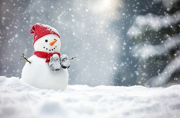 Fototapeta premium A snowman carrying his hat and boots, standing on the edge of a snowy hillside with trees in soft focus behind him.