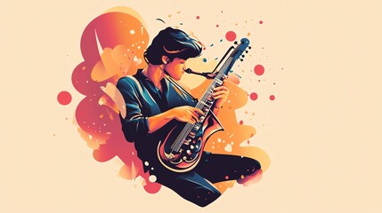 Musician playing traditional instrument, vibrant colors, artistic expression.
